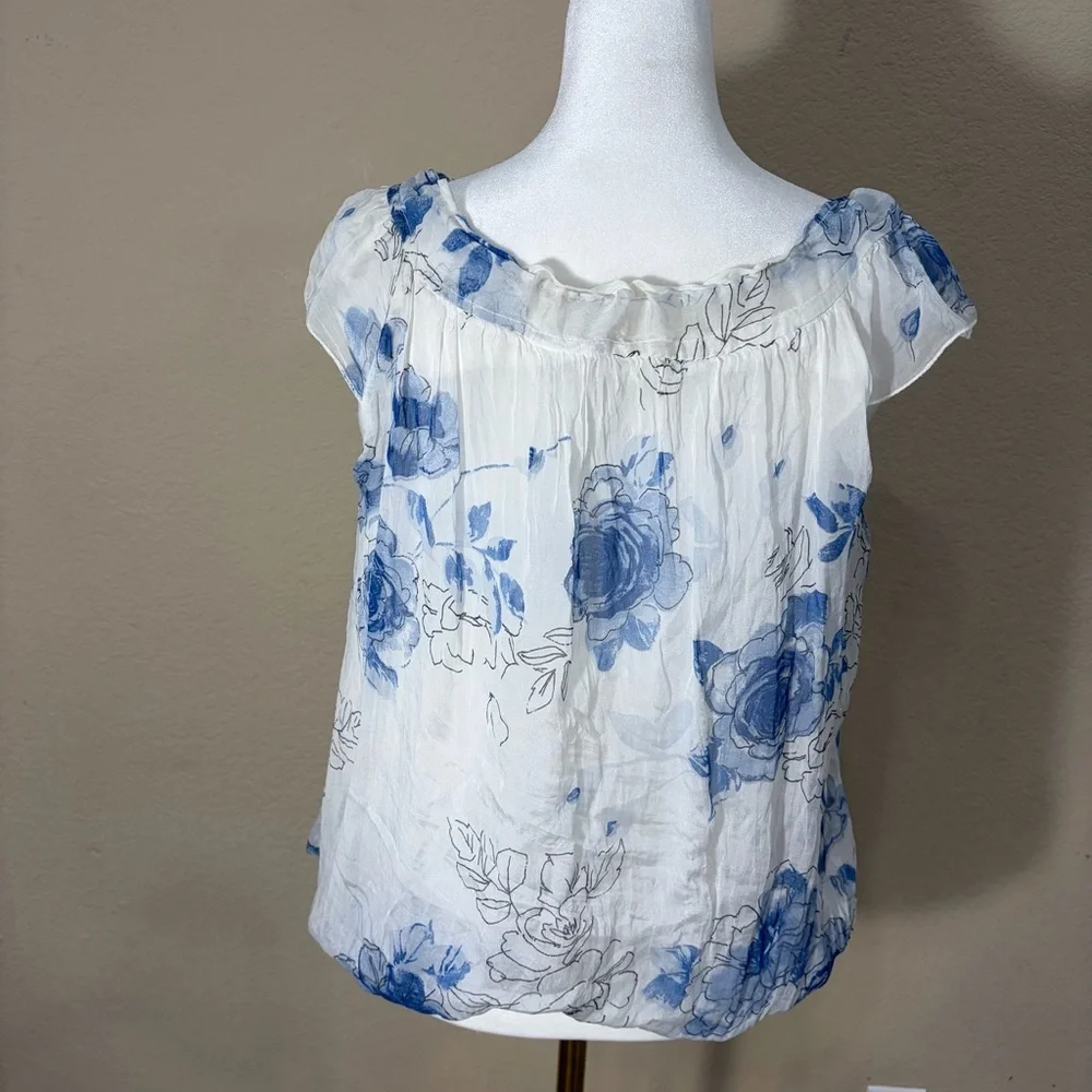 Guisy Made In Italy Top Sz S  Women's White Blue Floral Silk Lined Cottagecore - Picture 5 of 10